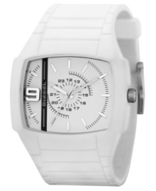 Add some style to your stride with this chic, precision-detailed watch from Diesel. White silicone strap and stainless steel rectangular case. Rectangular white dial with logo and printed indexes. Analog movement. Water resistant to 50 meters. Two-year limited warranty. Add some style to your stride with this chic, precision-detailed watch from Diesel. White silicone strap and stainless steel rectangular case. Rectangular white dial with logo and printed indexes. Analog movement. Water resistant to 50 meters. Two-year limited warranty.