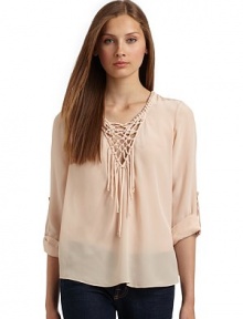 THE LOOKMacrame v-neck Open weave, gathered and fringe accentsLong roll tab sleeves Back tulip hem with cut-away detail THE FITAbout 24 from shoulder to hemTHE MATERIALSilkCARE & ORIGINDry cleanImportedModel shown is 5'9 (175cm) wearing US size 4. THE LOOKMacrame v-neck Open weave, gathered and fringe accentsLong roll tab sleeves Back tulip hem with cut-away detail THE FITAbout 24 from shoulder to hemTHE MATERIALSilkCARE & ORIGINDry cleanImportedModel shown is 5'9 (175cm) wearing US size 4.