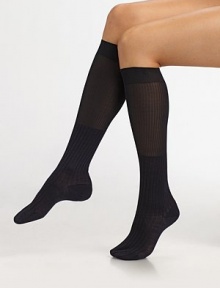 A warm, classic style in a striped design with opaque foot and a semi-sheer leg. Ribbed cuffFlat toe seam75% wool/25% silkHand washMade in Italy A warm, classic style in a striped design with opaque foot and a semi-sheer leg. Ribbed cuffFlat toe seam75% wool/25% silkHand washMade in Italy