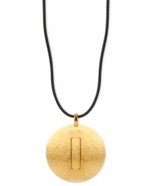 Go for the golden tone with this pendant necklace from Robert Lee Morris. Crafted from gold-tone mixed metal, the pendant centers a leather cord for an award-winning look. Approximate length: 35 inches. Approximate drop: 2-3/4 inches. Go for the golden tone with this pendant necklace from Robert Lee Morris. Crafted from gold-tone mixed metal, the pendant centers a leather cord for an award-winning look. Approximate length: 35 inches. Approximate drop: 2-3/4 inches.