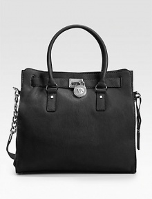 Beautifully tailored and versatile design of rich leather, finished with double top handles and a shoulder strap.Double top handles, 5 drop Chain and leather shoulder strap, 12 drop Magnetic snap closure Protective metal feet One inside zip pocket Four inside open pockets Fully lined 14W X 13H X 5½D Imported