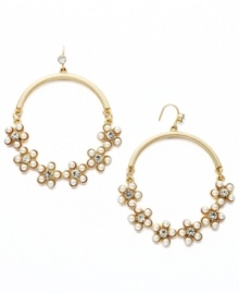 Delicately dramatic. Robert Rose's romantic hoop earrings feature acrylic pearl flowers and sparkling glass accents. Set in gold-plated mixed metal. Approximate diameter: 1-1/2 inches. Delicately dramatic. Robert Rose's romantic hoop earrings feature acrylic pearl flowers and sparkling glass accents. Set in gold-plated mixed metal. Approximate diameter: 1-1/2 inches.