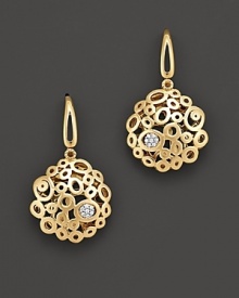 From the Mauresque collection, gold lace-inspired drop earrings in 18 Kt. yellow gold with diamond pavé. With signature ruby accent. Designed by Roberto Coin. From the Mauresque collection, gold lace-inspired drop earrings in 18 Kt. yellow gold with diamond pavé. With signature ruby accent. Designed by Roberto Coin.