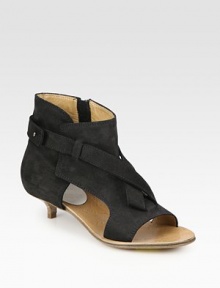 Suede sandal-like style with a kitten heel, side zipper and an asymmetrical wrap-around strap. Self-covered heel, 1 (25mm)Suede upperSide zipperLeather lining and soleMade in ItalyOUR FIT MODEL RECOMMENDS ordering one half size up as this style runs small. Suede sandal-like style with a kitten heel, side zipper and an asymmetrical wrap-around strap. Self-covered heel, 1 (25mm)Suede upperSide zipperLeather lining and soleMade in ItalyOUR FIT MODEL RECOMMENDS ordering one half size up as this style runs small.