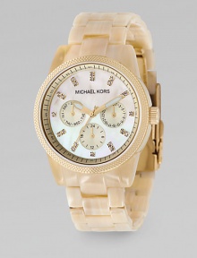 Horn acrylic bracelet with CRYSTALLIZED - Swarovski Elements on mother-of-pearl dial. Face, about 1½ diameter Knurled bezel Multifunction movement Stainless steel and acrylic material Day/date display Second hand Hour markers Imported Horn acrylic bracelet with CRYSTALLIZED - Swarovski Elements on mother-of-pearl dial. Face, about 1½ diameter Knurled bezel Multifunction movement Stainless steel and acrylic material Day/date display Second hand Hour markers Imported