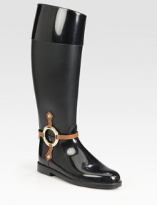 An asymmetrical rainy weather staple with matte paneling, a logoed goldtone buckle and contrasting leather straps. Rubber heel, 1 (25mm)Shaft, 16¼Leg circumference, 14Rubber upper with leather strapsRubber solePadded insoleMade in Italy An asymmetrical rainy weather staple with matte paneling, a logoed goldtone buckle and contrasting leather straps. Rubber heel, 1 (25mm)Shaft, 16¼Leg circumference, 14Rubber upper with leather strapsRubber solePadded insoleMade in Italy