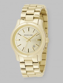 Exquisite stainless steel bracelet design with a goldplated finish is a lustrous accent to any classic look. Quartz movement Round case, 38mm, about 1½ Light champagne dial with super fine sunray finish and stick indexes Date display between four and five o'clock Second hand Stainless steel bracelet with goldplated finish Imported Exquisite stainless steel bracelet design with a goldplated finish is a lustrous accent to any classic look. Quartz movement Round case, 38mm, about 1½ Light champagne dial with super fine sunray finish and stick indexes Date display between four and five o'clock Second hand Stainless steel bracelet with goldplated finish Imported