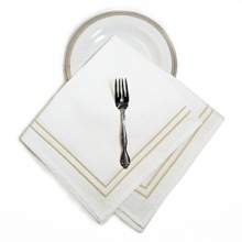 Classic and crisp white 100% cotton table linen with double banded barrata stitch. It compliments any patterned dinnerware for formal entertaining.