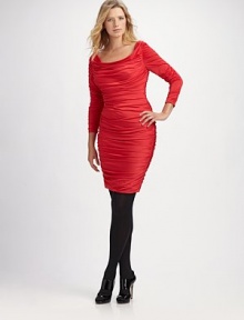 Chic jersey knit has a subtle sheen and allover ruching.Scoopneck Cropped sleeves Pullover style Fully lined About 24 from shoulder to hem 93% viscose/7% elastine Dry clean Imported Chic jersey knit has a subtle sheen and allover ruching.Scoopneck Cropped sleeves Pullover style Fully lined About 24 from shoulder to hem 93% viscose/7% elastine Dry clean Imported