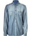 Stylish denim shirt in fine blue cotton-rayon blend - casual, washed used look - trendy slim cut, with shoulder epaulets and chest pockets - button placket - a favorite shirt for parties and leisure - with chinos, cargo pants or shorts