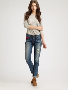 Fashion-forward alternative to classic denim, these distressed jeans finish the look with contrast trim and rolled cuffs. THE FITMedium rise, about 8Inseam, about 28THE DETAILSZip flyFive-pocket styleCottonMachine washMade in USA of imported fabricModel shown is 5'11 (178cm) wearing US size 4. Fashion-forward alternative to classic denim, these distressed jeans finish the look with contrast trim and rolled cuffs. THE FITMedium rise, about 8Inseam, about 28THE DETAILSZip flyFive-pocket styleCottonMachine washMade in USA of imported fabricModel shown is 5'11 (178cm) wearing US size 4.