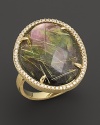 Diamonds circle a faceted rutilated quartz and black mother of pearl doublet in an 18K yellow gold band. By Di Massima.