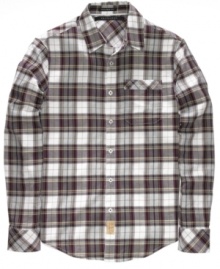 Classic plaid pops. This Sean John button down shirt easily carries you from daytime casual to preppy and popular at night. Classic plaid pops. This Sean John button down shirt easily carries you from daytime casual to preppy and popular at night.