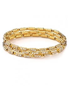 The Seasonal Whispers girl loves to stack the brand's beautifully eclectic bracelets. This set is studded with gold-plated Swarovski crystal bars, creating a cool textured statement. The Seasonal Whispers girl loves to stack the brand's beautifully eclectic bracelets. This set is studded with gold-plated Swarovski crystal bars, creating a cool textured statement.