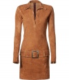 Stylish polo-style dress in cognac suede leather - hip 1980s look - soft and pleasant suede leather - sexy V-neck - long and slim sleeves - slim and waist-fitted, skirt in sexy mini length - decorative broad hip-belt - a highlight-dress for fashionistas - pair with overknee boots, booties, ankle boots