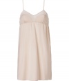 Stylish camisole slip dress in nude silk and silk chiffon - Elegant gathering under the bust (empire effect) - Very slim spaghetti straps - The slip dress falls loose, yet fits snug - Stylish, yet sexy too, also wonderfully comfortable, thanks to the stretch content - Pair with the matching briefs
