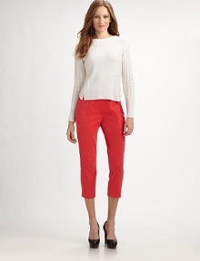 Smooth, slim and short, this cropped style of light stretch twill is the essence of simplicity.Bandless waistFront and back dartsFlat frontSlim fitSide zip closureBack slits at hemInseam, about 24½56% cotton/37% polyester/7% elastaneDry cleanImported Model shown is 5'9½ (176cm) wearing US size 4. Smooth, slim and short, this cropped style of light stretch twill is the essence of simplicity.Bandless waistFront and back dartsFlat frontSlim fitSide zip closureBack slits at hemInseam, about 24½56% cotton/37% polyester/7% elastaneDry cleanImported Model shown is 5'9½ (176cm) wearing US size 4.