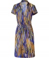 Luxe shirtdress in fine, pure patterned silk - Super-soft, lightweight material drapes like a dream - Vibrant and ultra-chic in lush shades of blue, yellow and gold - Slim bodice with deep v-neck, small collar and short sleeves - Straight skirt hits above the knee - Elegant and eye-catching, perfect for parties and cocktails - Pair with peep toe pumps, wedges or leather sandals and a clutch