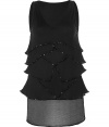 Glamorous top in black rayon - long falling cut, no sleeves - black pearl embellished tiers - elegant and festive appeal - accentuated the neck and toned arms, conceals broad hips - wear at special events like a cocktail party, opening night, dinner - works best with slim skirts, pants for a balanced silhouette