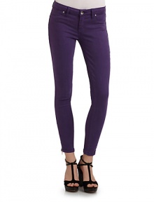 THE LOOKPurple denimNarrow waistband with belt loops and logo button closureFront zipperMock front pocketsSkinny silhouetteZippered anklesBack waist logo patchBack patch pocketsRaised dot detail on back pocketTHE FITRise, about 7Inseam, about 26THE MATERIAL43% lyocell/26% cotton/17% rayon/13% polyester/1% spandexCARE & ORIGINMachine washImportedModel shown is 5'9 (175cm) wearing US size 4. THE LOOKPurple denimNarrow waistband with belt loops and logo button closureFront zipperMock front pocketsSkinny silhouetteZippered anklesBack waist logo patchBack patch pocketsRaised dot detail on back pocketTHE FITRise, about 7Inseam, about 26THE MATERIAL43% lyocell/26% cotton/17% rayon/13% polyester/1% spandexCARE & ORIGINMachine washImportedModel shown is 5'9 (175cm) wearing US size 4.