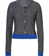 With a chic mix of pattern and colorblock, Steffen Schrauts jacquard woven jacket is a contemporary way to dress up workweek looks - Collarless, long sleeves, royal blue cuffs and trim, button-down front - Tailored fit - Wear over a sheath dress with pin heels and a leather tote, or try with an elevated jeans-and-tee ensemble