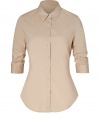 Both classic and cool with a flattering modern tailored fit, Steffen Schrauts desert smoke sleeve shirt is a chic choice packed with wearing possibilities - Classic collar, ruched 3/4 sleeves with stitched cuffs, button-down front, shirttail hemline - Tailored fit - Wear with bright flats, slim-fit separates and a carryall tote to work