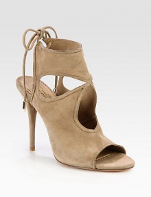 Metal-tip ties back this suede design, with skin-baring cutouts and a daring heel. Self-covered heel, 4½ (115mm)Suede upper with suede metal-tip tiesLeather lining and solePadded insoleMade in Italy Metal-tip ties back this suede design, with skin-baring cutouts and a daring heel. Self-covered heel, 4½ (115mm)Suede upper with suede metal-tip tiesLeather lining and solePadded insoleMade in Italy