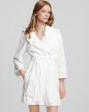 Feel energetic and accomplished in this plush three-quarter sleeve terry robe with ruffle collar and I will, I do, I did! embroidered in light blue on the back.