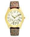 Time to go on the prowl. This sexy watch by Betsey Johnson features a leopard-print leather strap and round goldtone mixed metal case. White dial with goldtone stylized numerals and logo. Analog movement. Water resistant to 30 meters. Limited lifetime warranty.