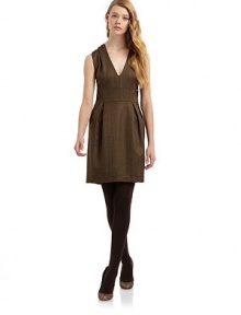 THE LOOKV necklinePleats at shoulders and skirtBust dartsBanded waistSide pocketsBack zipper with hook-and-eyeTHE FITAbout 34½ from shoulder to hemTHE MATERIALWoolSilk liningCARE & ORIGINDry cleanMade in USA of imported fabric THE LOOKV necklinePleats at shoulders and skirtBust dartsBanded waistSide pocketsBack zipper with hook-and-eyeTHE FITAbout 34½ from shoulder to hemTHE MATERIALWoolSilk liningCARE & ORIGINDry cleanMade in USA of imported fabric