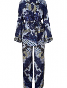 Effortless and incredibly luxurious, Emilio Puccis silk pajamas are perfect for wearing ready-to-wear as a sartorial take on one of this seasons favorite trends - Top with notched collar, long sleeves, piped trim throughout, front patch pockets, self-tie sash around the waist, side slits - Trousers with drawstring waistline, wide leg - Easy fit - Wear out with statement accessories and chunky gold jewelry