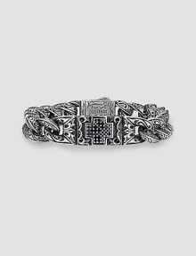Sparta engraving and a diamond-cut black sapphire cross on handsome sterling silver. About 8½ long 18k gold accent dual lock clasp Made in USA Sparta engraving and a diamond-cut black sapphire cross on handsome sterling silver. About 8½ long 18k gold accent dual lock clasp Made in USA