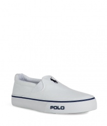 Stylish slip-on canvas sneakers from top U.S. label Polo Ralph Lauren - Trendy in all white with navy accent seams, polo player and text logo on front - Perfect companion to any casual outfit with jeans, shorts or chino Stylish slip-on canvas sneakers from top U.S. label Polo Ralph Lauren - Trendy in all white with navy accent seams, polo player and text logo on front - Perfect companion to any casual outfit with jeans, shorts or chino
