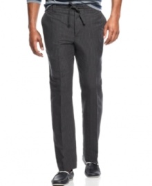 The feel casual but vertical striping elevates these lightweight pants from Perry Ellis. The feel casual but vertical striping elevates these lightweight pants from Perry Ellis.