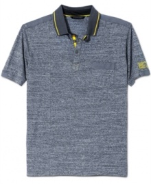 Sean John gives the polo an extra edge by adding a stripe of bright to the collar and inside placket. Sean John gives the polo an extra edge by adding a stripe of bright to the collar and inside placket.