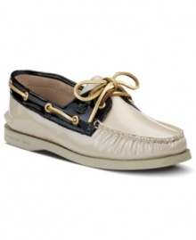 What a dreamboat. Sperry Top-Sider decked out the A/O boat shoes with shining patent leather for a pretty finish. What a dreamboat. Sperry Top-Sider decked out the A/O boat shoes with shining patent leather for a pretty finish.