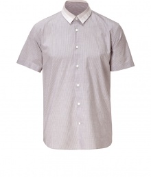 Amp up your casual look with this understated yet stylish button down from Marc Jacobs - Contrasting spread collar, front button placket, short sleeves, micro-stripe print - Style with slim trousers, a blazer, and oxfords Amp up your casual look with this understated yet stylish button down from Marc Jacobs - Contrasting spread collar, front button placket, short sleeves, micro-stripe print - Style with slim trousers, a blazer, and oxfords
