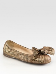 Python stamped metallic leather flat with bow detail. Python stamped leather upperLeather liningRubber solePadded insoleMade in ItalyOUR FIT MODEL RECOMMENDS ordering one half size down as this style runs large. Python stamped metallic leather flat with bow detail. Python stamped leather upperLeather liningRubber solePadded insoleMade in ItalyOUR FIT MODEL RECOMMENDS ordering one half size down as this style runs large.