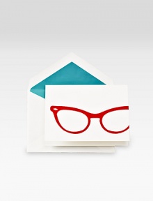 A foil-stamped, cat's eye glasses design adds indescribable charisma to this set of 10 cotton notecards. The notecards are perfectly complemented by blue-lined envelopes. Set of 10 notecardsPerfect gift ideaDesigned by Julia Farill of Red Bird Ink3.9W X 5.2HMade in USA A foil-stamped, cat's eye glasses design adds indescribable charisma to this set of 10 cotton notecards. The notecards are perfectly complemented by blue-lined envelopes. Set of 10 notecardsPerfect gift ideaDesigned by Julia Farill of Red Bird Ink3.9W X 5.2HMade in USA