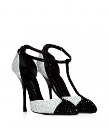 Black and white rhinestone pumps are a must for any glamorous look - Designed in soft leather with a sexy pointed toe, t-strap, ankle strap and sturdy heel - A wow shoe for cocktail dresses, leather pants or pencil skirts Black and white rhinestone pumps are a must for any glamorous look - Designed in soft leather with a sexy pointed toe, t-strap, ankle strap and sturdy heel - A wow shoe for cocktail dresses, leather pants or pencil skirts