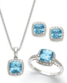 Bedeck yourself in blue. This pretty jewelry set highlights cushion-cut blue topaz (5-7/8 ct. t.w.) with halos of sparkling diamond accents. Set in sterling silver. Approximate length: 18 inches. Approximate drop (pendant): 1 inch. Approximate diameter (earring): 1/2 inch. Ring Size 7.