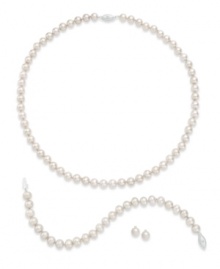Polish and shine. This sophisticated matching jewelry set features a necklace, earrings and bracelet with cultured freshwater pearls (6-7 mm) and sparkling diamond accents. Set in sterling silver. Approximate length: 18 inches. Approximate bracelet length: 7-1/2 inches. Approximate stud diameter: 1/4 inch. Polish and shine. This sophisticated matching jewelry set features a necklace, earrings and bracelet with cultured freshwater pearls (6-7 mm) and sparkling diamond accents. Set in sterling silver. Approximate length: 18 inches. Approximate bracelet length: 7-1/2 inches. Approximate stud diameter: 1/4 inch.