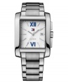 Tommy Hilfiger adds their signature pops of red and blue on this classic stainless steel watch.