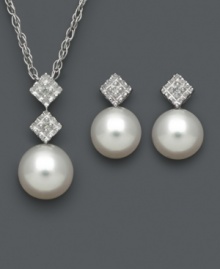 Polish and refinement. This stunning matching pendant and earrings set features cultured freshwater pearls (6-7 mm) with sparkling diamond accents in a sleek square shape. Set in sterling silver. Approximate length (necklace): 18 inches. Approximate drop (necklace): 3/4 inch. Approximate drop (earrings): 1/2 inch.