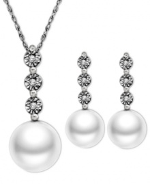 Perfectly elegant. This matching pendant and earrings set highlights cultured freshwater pearls (6-7 mm) and round-cut diamond accents set in sterling silver. Approximate length: 18 inches. Approximate drop (pendant): 3/4 inch. Approximate drop (earrings): 3/4 inch.