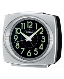 This handsome alarm clock from Seiko will add charm to your nightstand with its chic, refined retro aesthetics. Rectangular silvertone mixed metal case. Round black dial with logo, numerical indices, bell alarm with snooze, dual light and luminous hands. Battery included. Measures approximately 4-1/2 x 5 x 2-4/5. One-year limited warranty. This handsome alarm clock from Seiko will add charm to your nightstand with its chic, refined retro aesthetics. Rectangular silvertone mixed metal case. Round black dial with logo, numerical indices, bell alarm with snooze, dual light and luminous hands. Battery included. Measures approximately 4-1/2 x 5 x 2-4/5. One-year limited warranty.