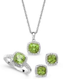 A subtle green sheen. Cushion-cut peridots (4-3/4 ct. t.w.) and sparkling diamond accents adorn this pretty matching jewelry set. Includes a pendant, stud earrings and ring in sterling silver. Approximate necklace length: 18 inches. Approximate drop: 1/2 inch. Approximate earring diameter: 1/4 inch. Size 7. A subtle green sheen. Cushion-cut peridots (4-3/4 ct. t.w.) and sparkling diamond accents adorn this pretty matching jewelry set. Includes a pendant, stud earrings and ring in sterling silver. Approximate necklace length: 18 inches. Approximate drop: 1/2 inch. Approximate earring diameter: 1/4 inch. Size 7.