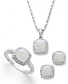 A sweet, sparkling mix. round-cut opals (4-3/4 ct. t.w.) and sparkling diamond accents adorn this pretty, matching jewelry set. Includes a pendant, stud earrings and ring in sterling silver. Approximate necklace length: 18 inches. Approximate drop: 1/2 inch. Approximate earring diameter: 1/4 inch. Size 7. A sweet, sparkling mix. round-cut opals (4-3/4 ct. t.w.) and sparkling diamond accents adorn this pretty, matching jewelry set. Includes a pendant, stud earrings and ring in sterling silver. Approximate necklace length: 18 inches. Approximate drop: 1/2 inch. Approximate earring diameter: 1/4 inch. Size 7.
