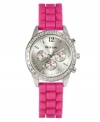 Become tickled pink with this bright watch by Style&co. Pink silicone strap and round silver tone mixed metal case. Bezel embellished with crystal accents. Brushed silver tone dial features numeral at twelve o'clock, stick indices, three multifunctional subdials, three luminous hands, logo and pink accents. Quartz movement. Two-year limited warranty.