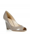 Achieve classic elegance and au courant style with these ultra-luxe shoes from Casadei - Peep-toe style, neutral patent leather, wedge heel with sculptural silver-tone detail - Wear with a pencil skirt, a cocktail dress, or wide leg trousers for an easy office-to-evening look